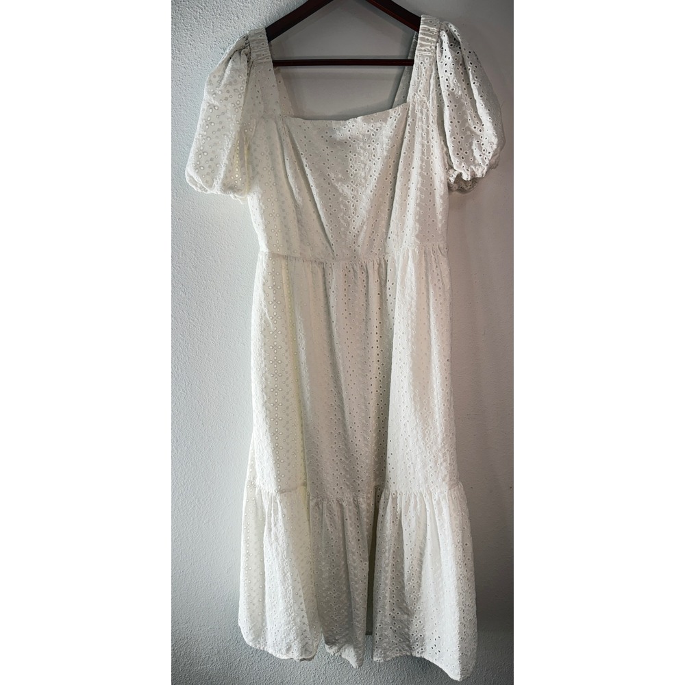 Draper James RSVP White Eyelet Tiered Midi Dress Smocked Puff Sleeve Milkmaid L